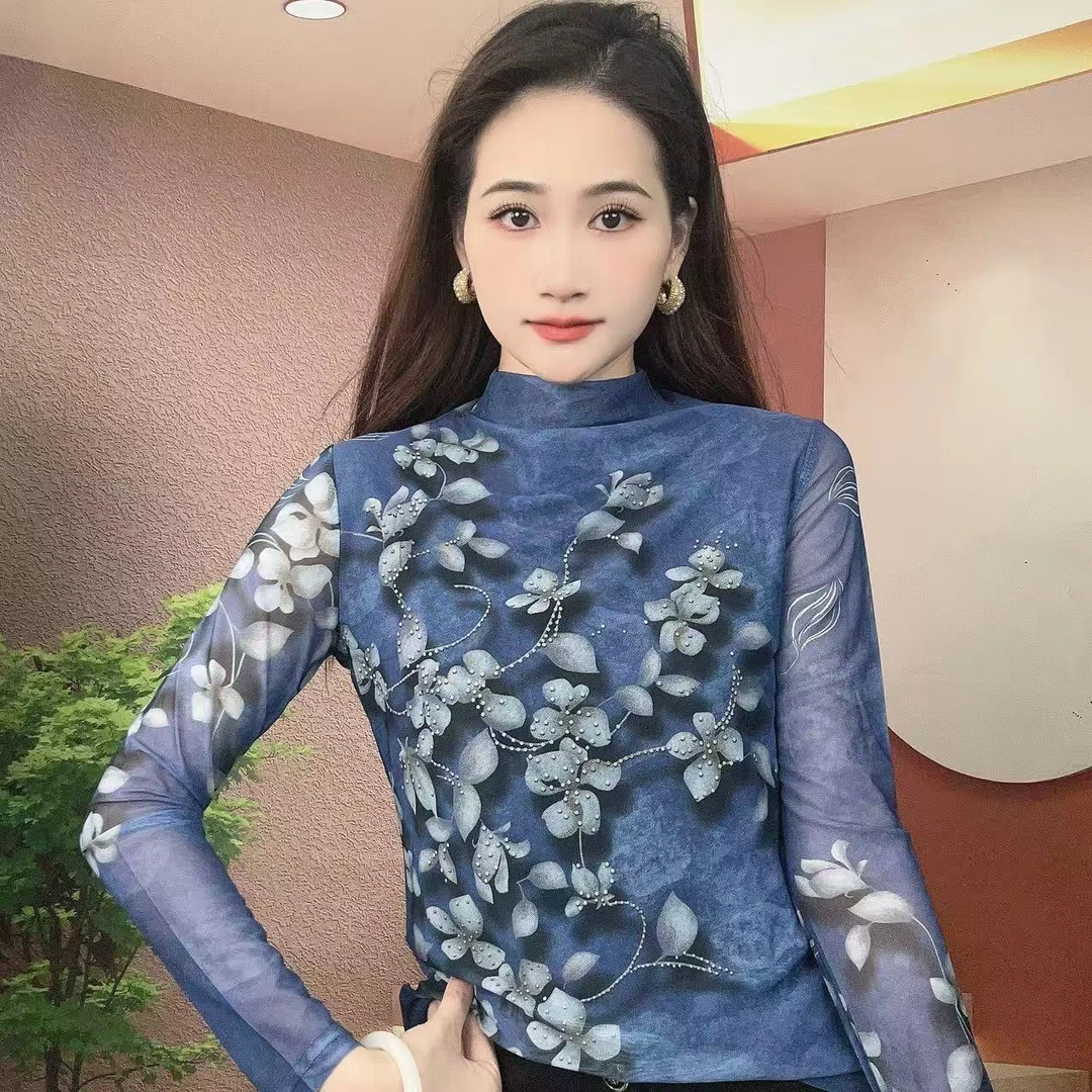 2025秋季新款长袖高领肌肤纱时尚显瘦印花T恤上衣B102