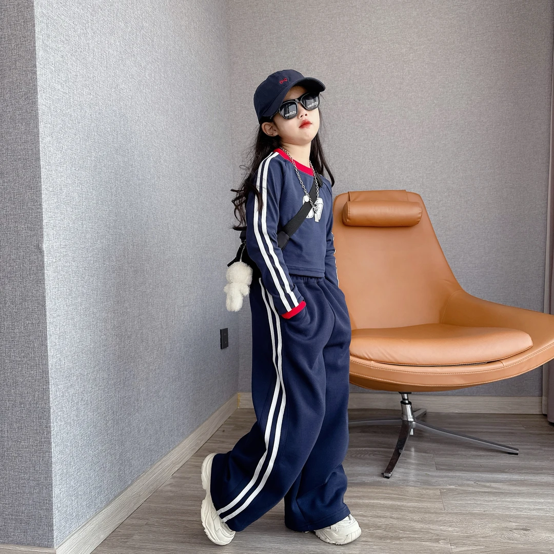 女童2025春秋新款时尚休闲两件套中大童运动短款长袖阔腿裤潮