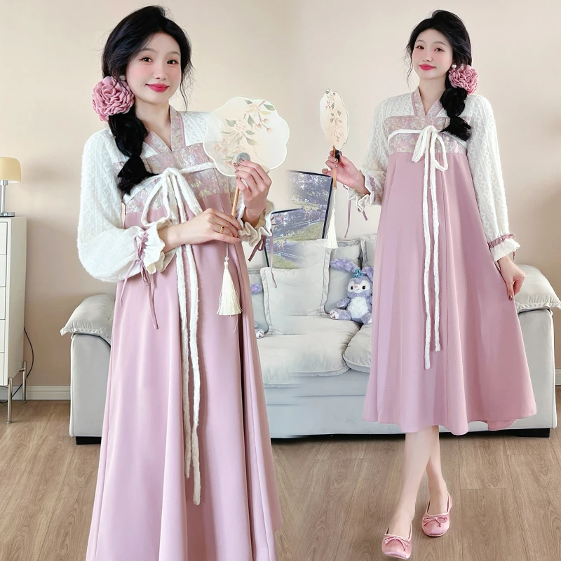 新中式孕妇连衣裙春季2025新款国风拼接温柔古风中长款裙子高级感