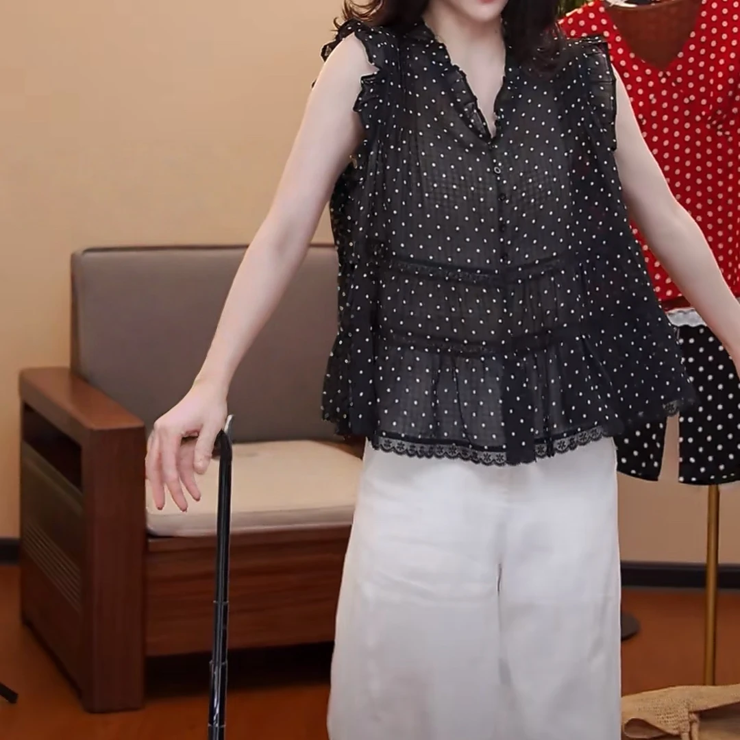 法式V领波点木耳边衬衫女2025夏季新款显瘦气质时尚休闲洋气上衣