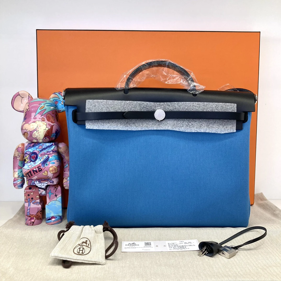 未使用 Hermes/爱马仕 爱马仕全新Herbag39蓝黑帆布拼Hunter牛皮