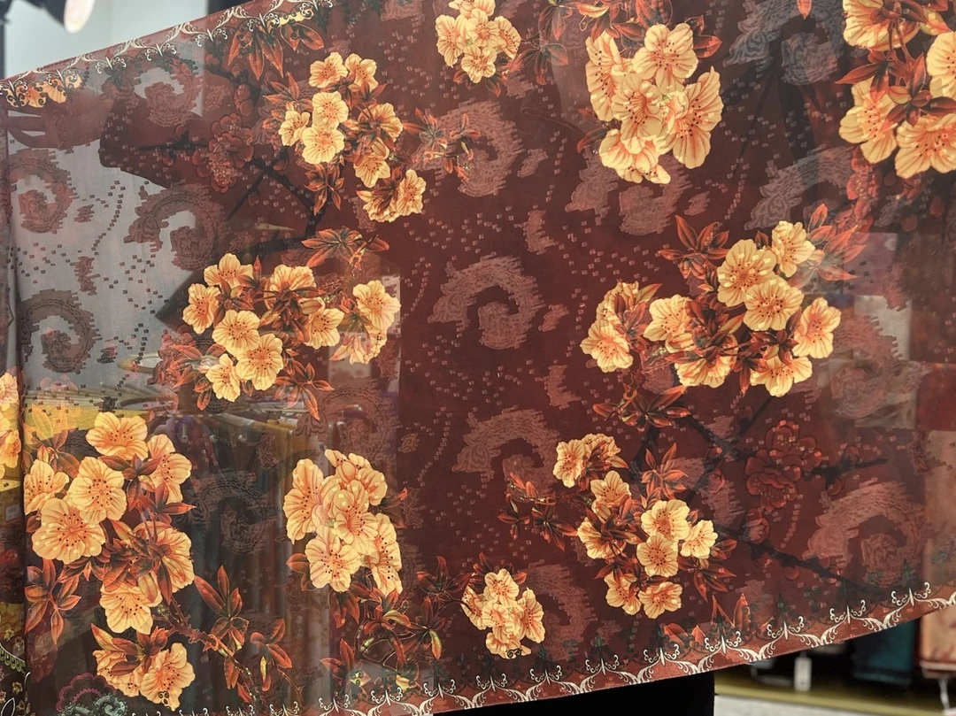 k（白扣）xys-97 【秋日花韵】提花 薯莨纱 剪花国风丝巾 90x180 长巾