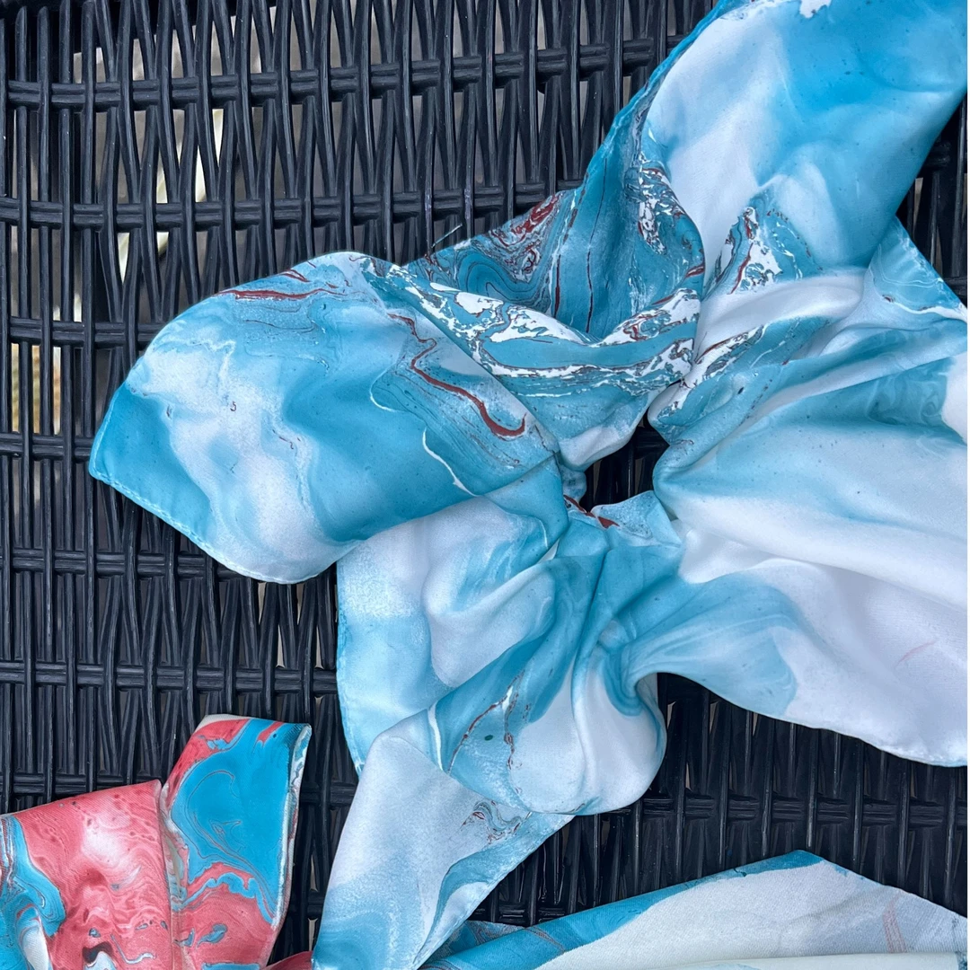 【福利现货】非遗飘漆方巾发圈头饰飘带头绳手作气质网纱蓝色复古