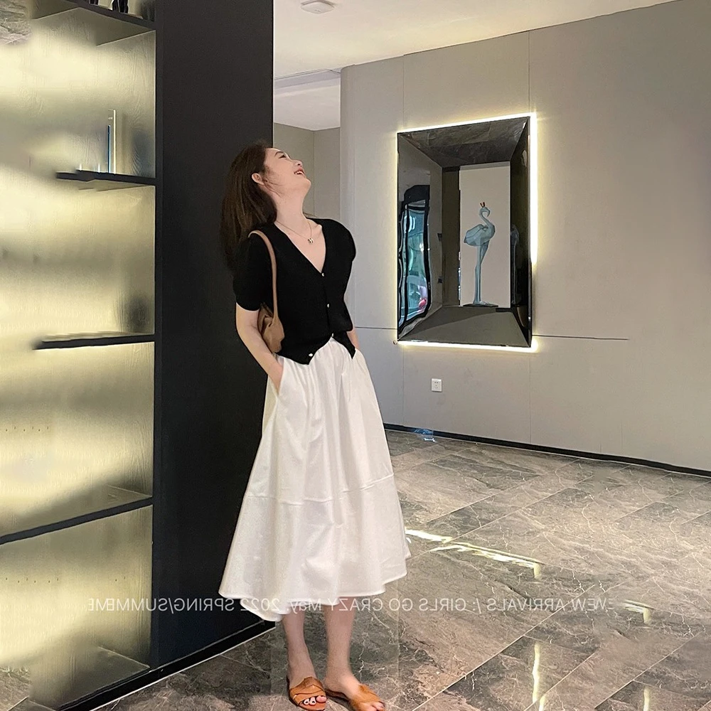 【月光白】a字半身裙女夏季新款高腰中长款大摆伞裙子Q8324