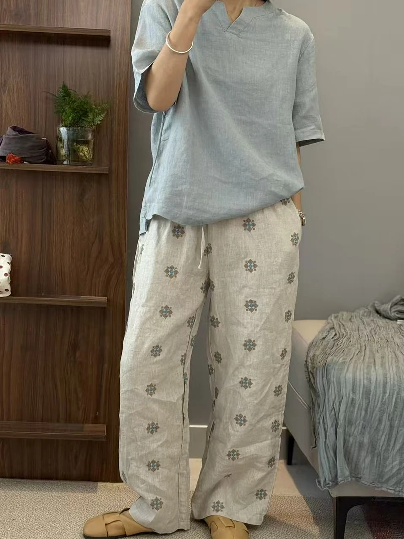 民族风刺百搭透气直筒裤休闲裤提花女装宽松