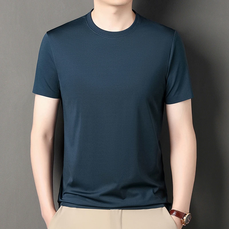 Mexican/稻草人夏季抗皱弹力纯色短袖t恤男士圆领半袖冰丝透气T恤