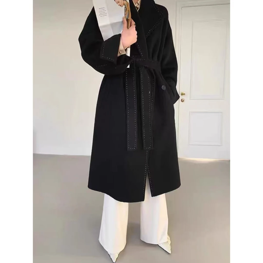 小静折扣~U483P秋冬明线手工拱针带腰带长款双面呢大衣（卡码拍大）