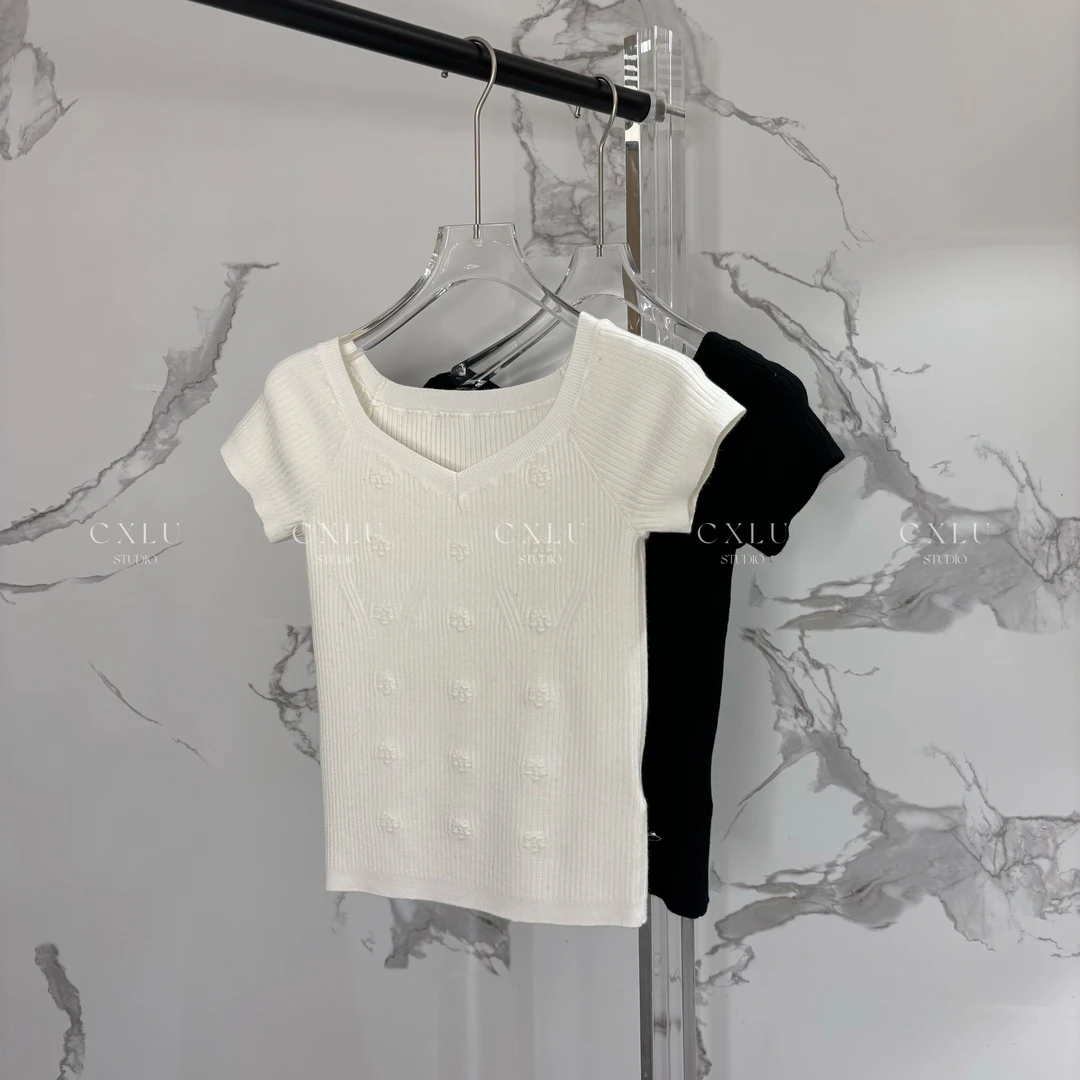 小香同款山茶花经典修身气质显瘦短袖针织衫2545