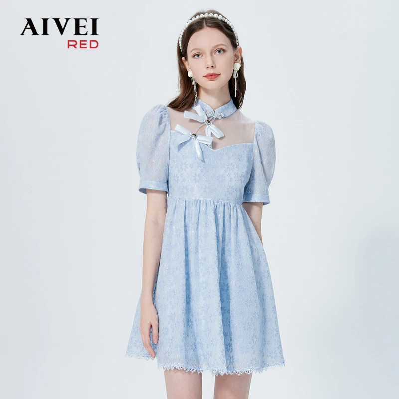 AIVEI艾薇法式甜美泡泡袖改良蕾丝连衣裙P0360054