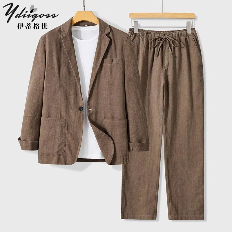 YDIIGOSS棉麻西服套装男春秋宽松休闲便服轻奢高级感商务西装长裤