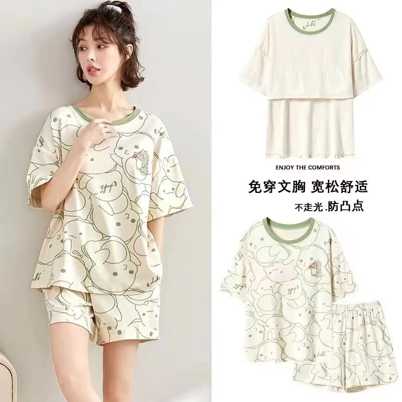 2025新款带胸垫睡衣女夏季薄款大码宽松卡通家居服夏天可外穿套装