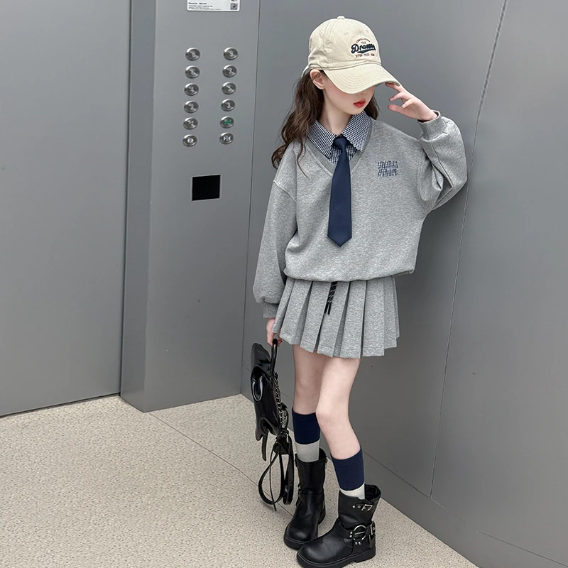 女童春秋套装2025新款洋气儿童休闲假两件卫衣百褶裙学院风两件套