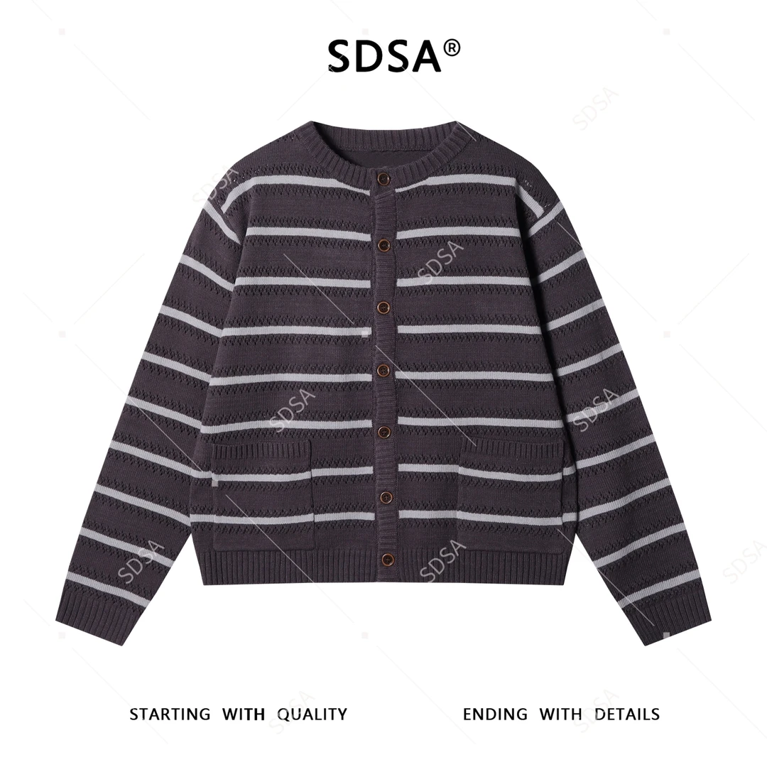 SDSA男士秋冬新款痞帅男装慵懒风撞色条纹纽扣圆领针织衫百搭毛衣
