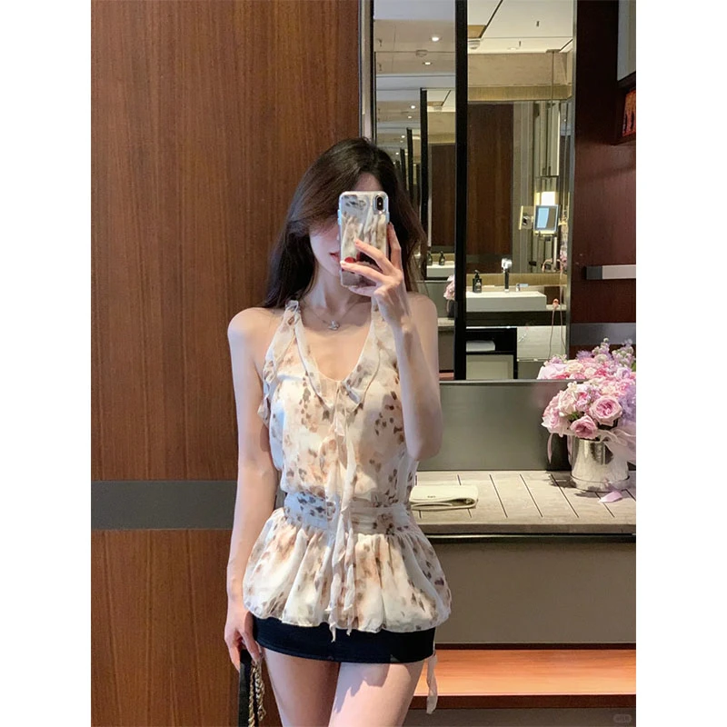 辣妹纯欲休闲百搭时尚V领设计感无袖上衣高腰显瘦包臀半身裙短裙