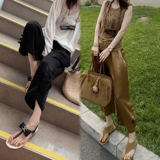 欧货夏季薄款冰丝醋酸抓皱高腰裤脚侧盘扣显瘦新中式直筒休闲女裤