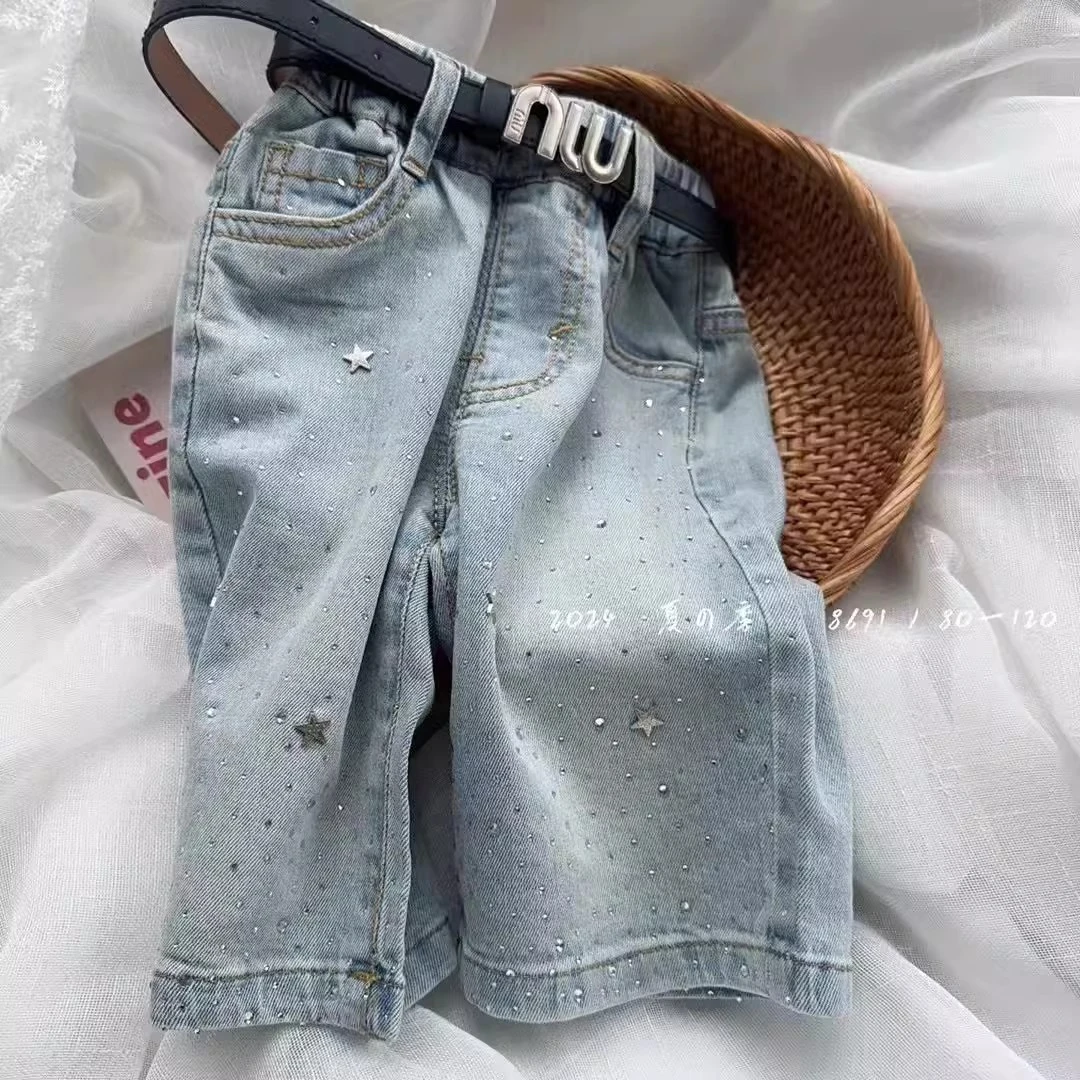 女童夏季烫钻牛仔七分裤2025女宝宝夏季休闲裤小童韩版时髦七分裤
