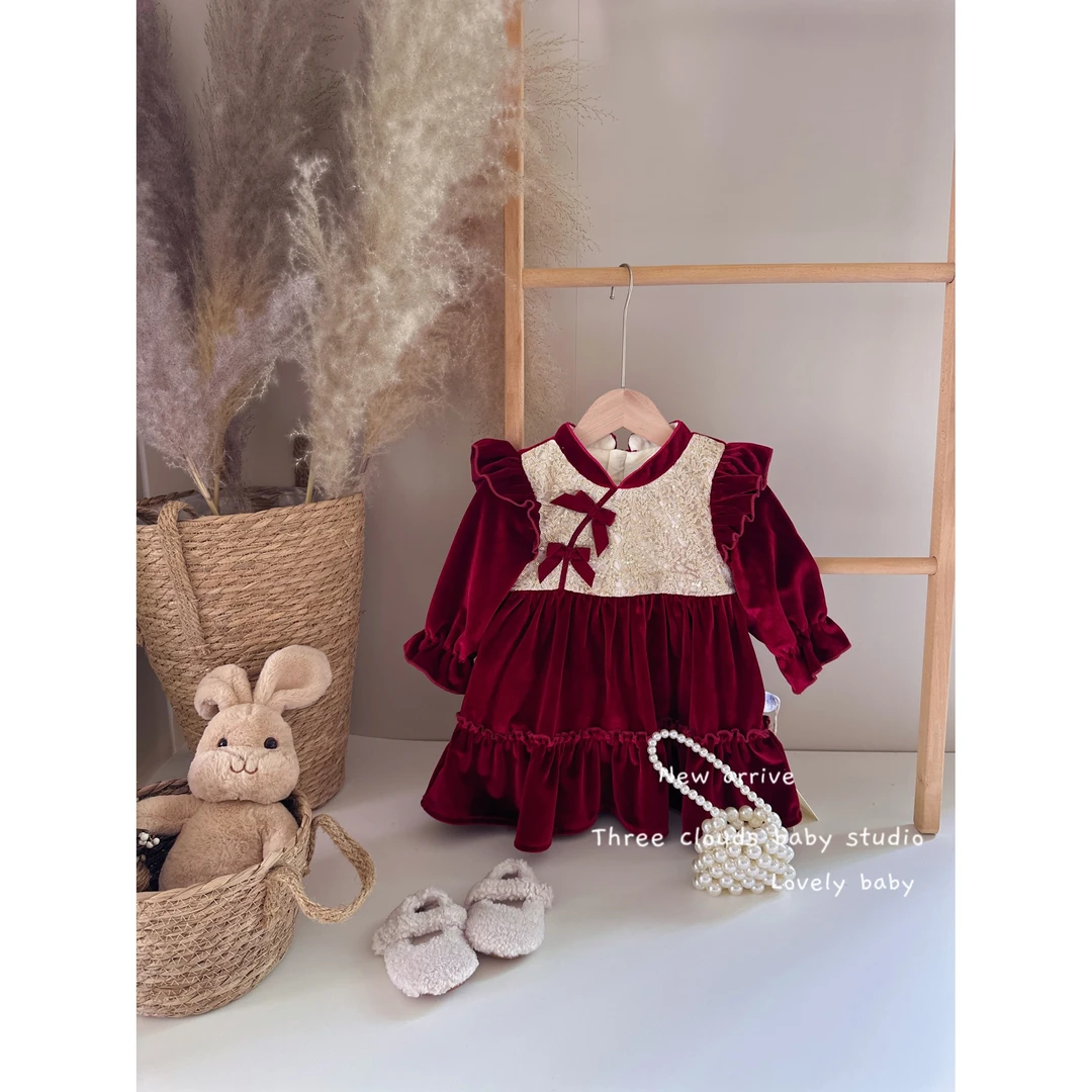 三小朵1636女宝宝婴幼儿冬季喜庆年服周岁连衣裙加绒丝绒礼裙子