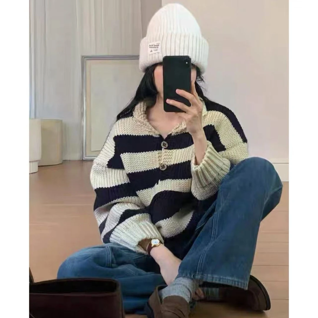 TSEHC.9韩系小众设计感机制撞色枫叶条纹翻领宽松针织上衣1688