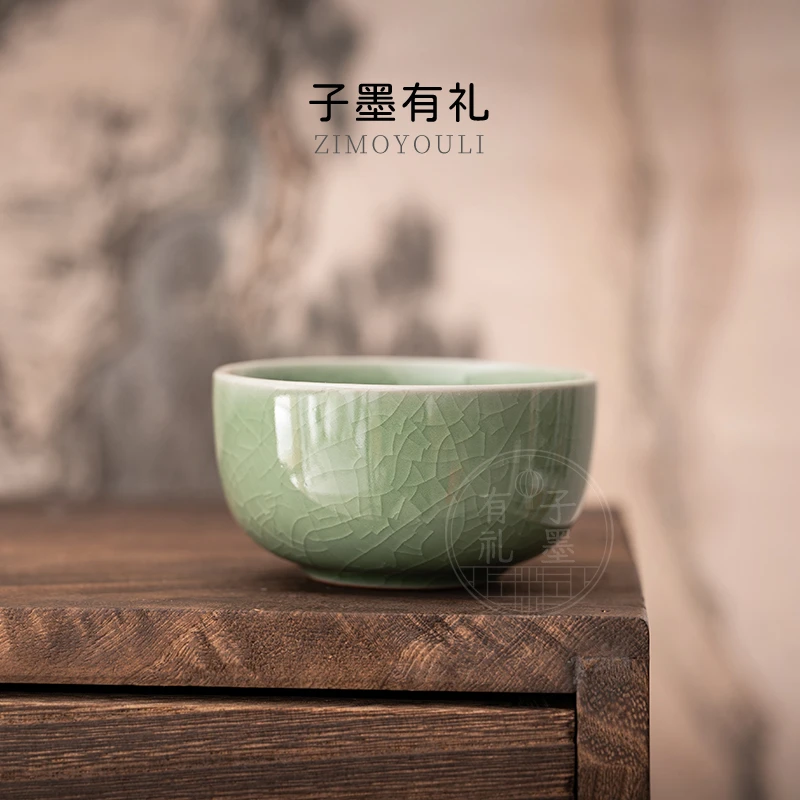 哥窑品茗杯青釉原产地精品茶杯蝉翼纹开片可养陶瓷家用