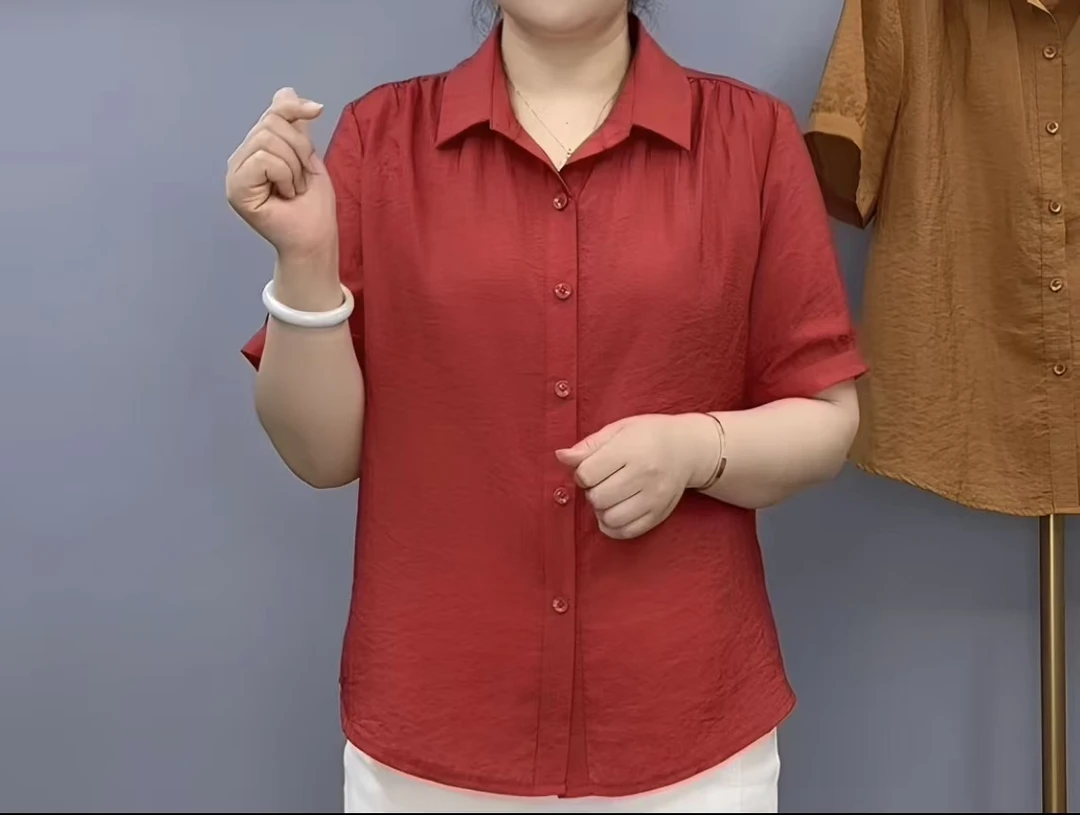 858韩版透气棉麻衬衫时尚衬衫女装中老年女装衬衣纯色大码显瘦