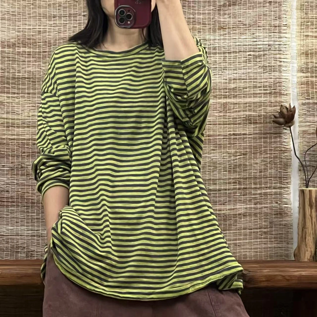 云岫原创001复古大码条纹百搭T恤女春夏新款宽松简约圆领套头上衣