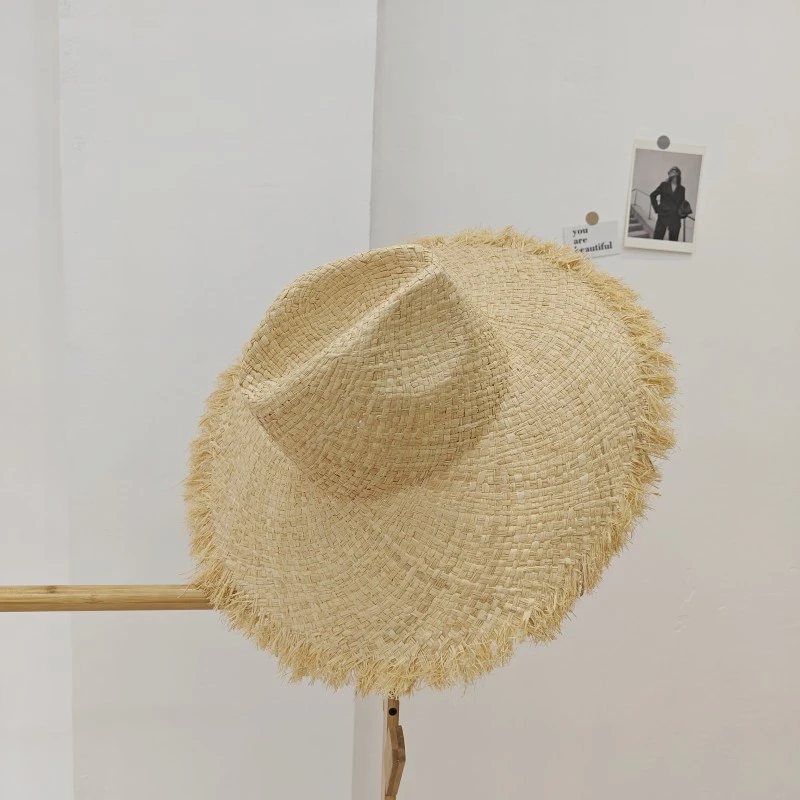 欧美英伦复古大帽檐流苏毛边草帽子女士夏天海边度假沙滩草帽