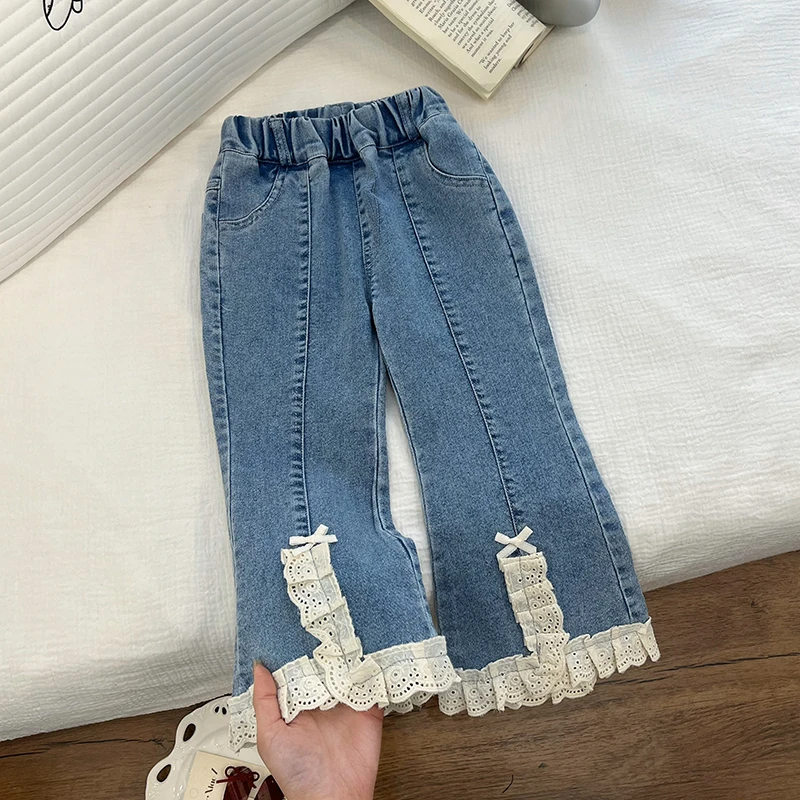 819春季新款女童牛仔裤春款蕾丝花边微喇裤洋气百搭牛仔裤潮