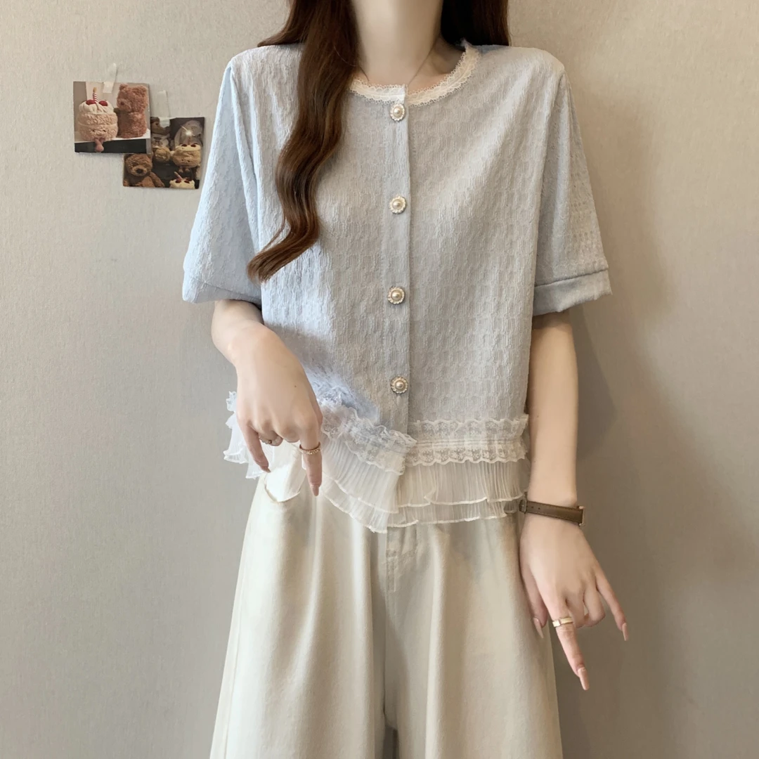 温柔风蕾丝花边正肩短袖衬衫女2025夏季大码胖mm减龄甜美气质上衣