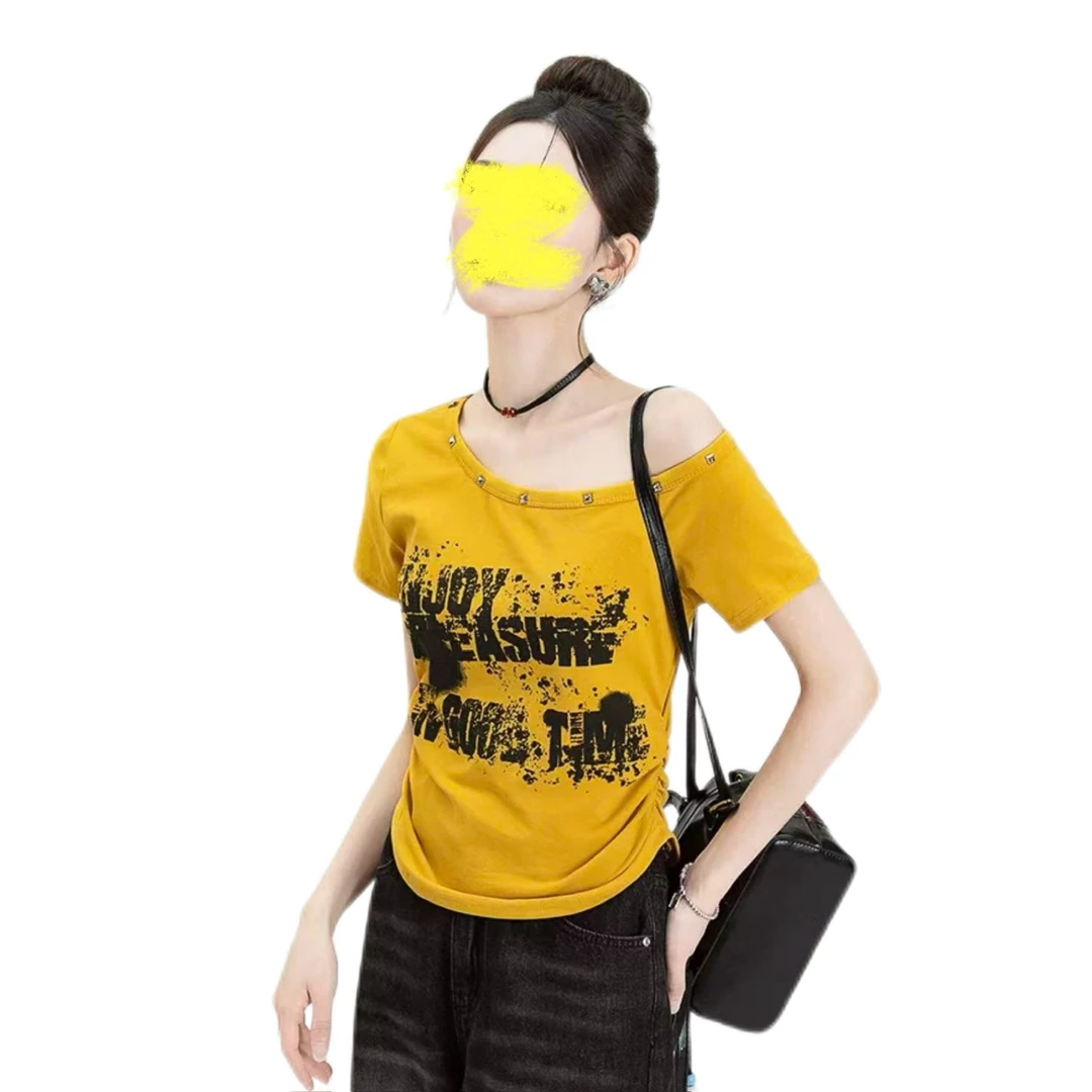 【运补6-8米】美式复古辣妹风印花斜肩短袖T恤女新款短款收腰上衣