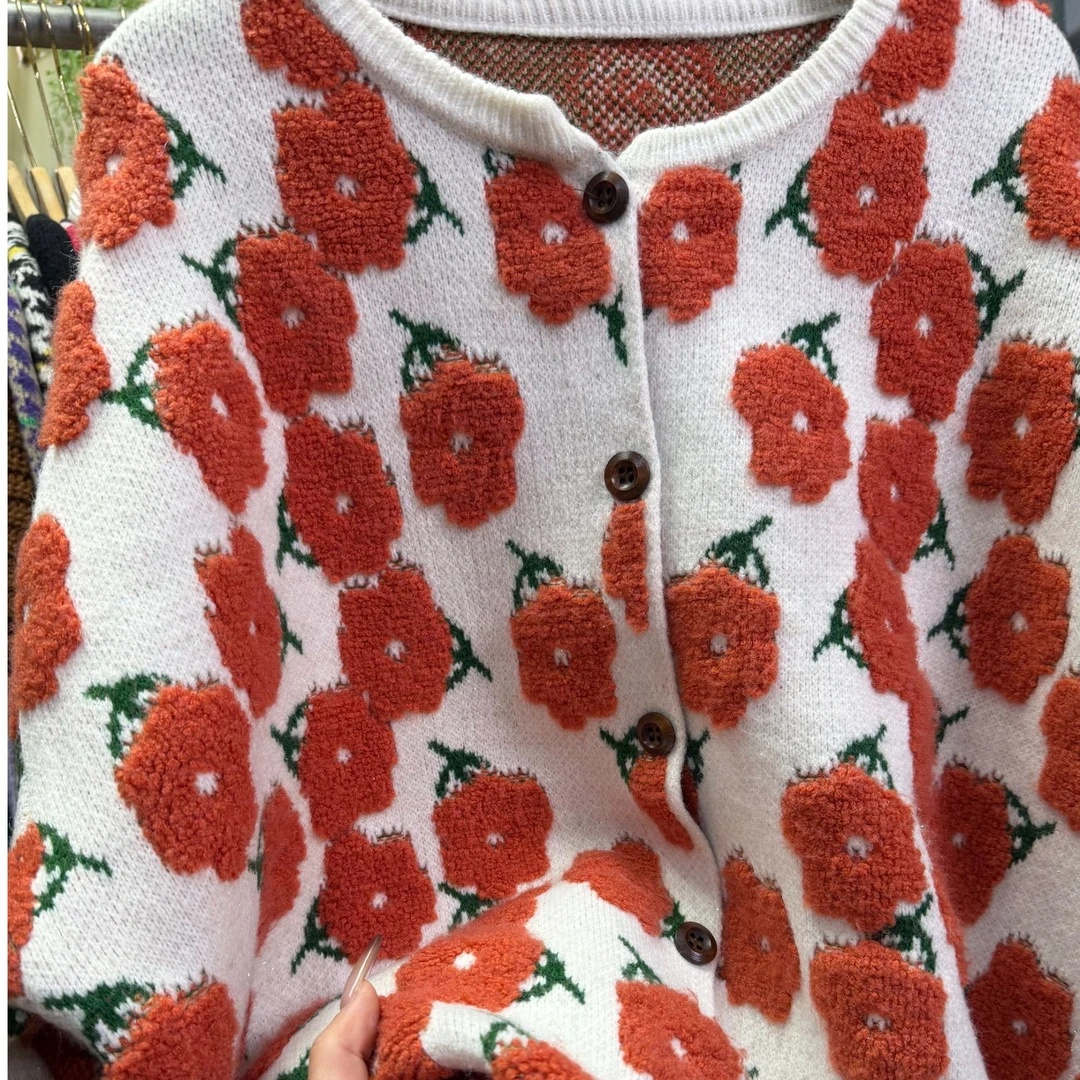 提花圆领针织开衫毛衣