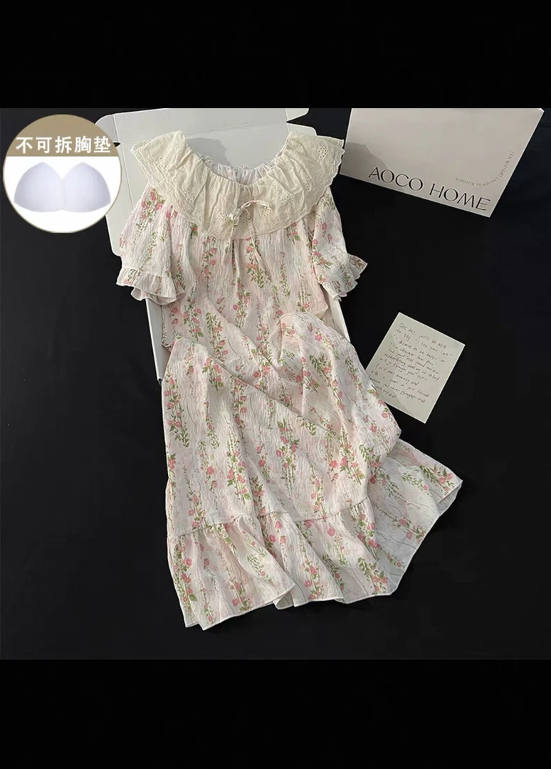 莫待花园圆领中长款睡衣泡泡袖碎花甜美女士