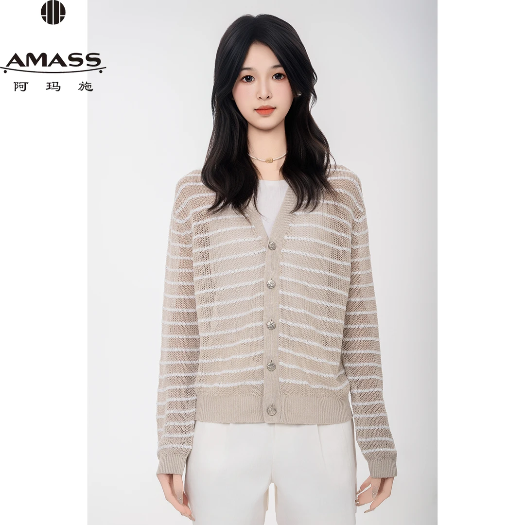 AMASS/阿玛施春夏新款经典百搭时尚休闲条纹镂空针织开衫女548009