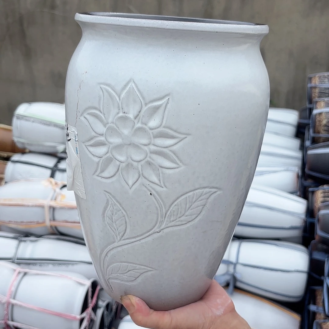 紫砂花盆白刻绘口径20 高度30