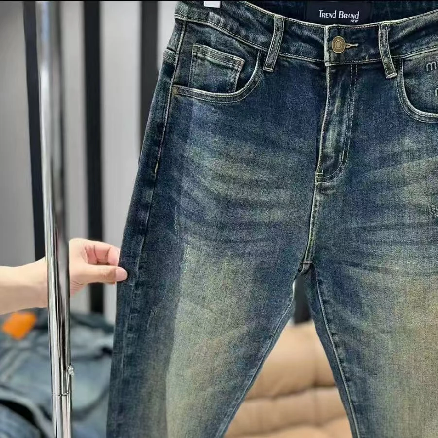 小侯+99208夏季新款时尚百搭休闲复古修身水洗弹力数字潮流牛仔裤