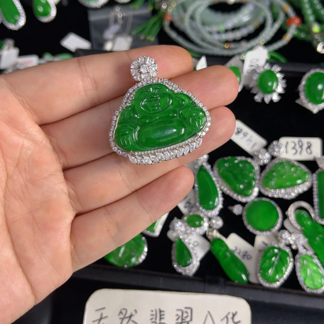 翡翠银S925镶嵌戒指翡翠吊坠佛公