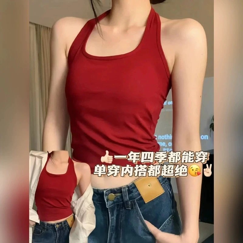 纯棉美背U领挂脖吊带背心女装夏季性感辣妹修身显瘦百搭无袖上衣