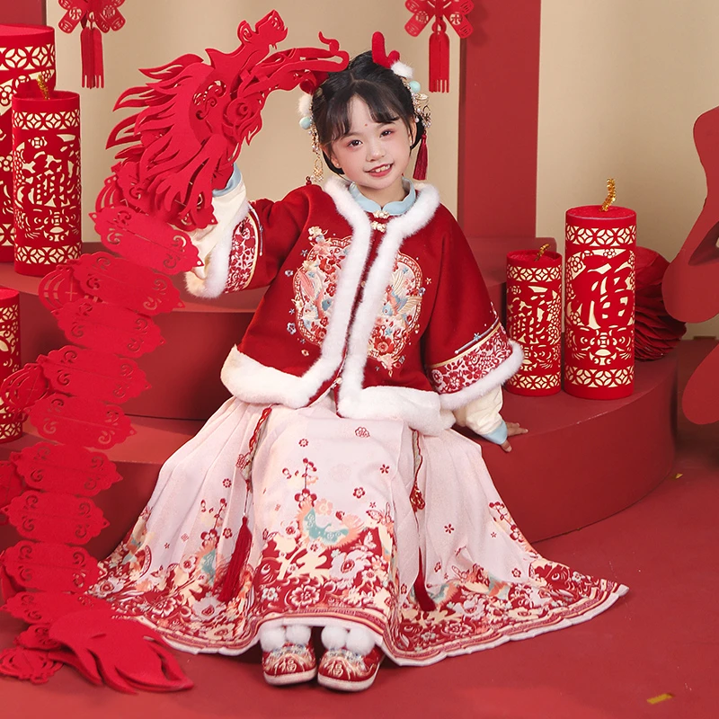 【玉雪红窗】汉服女童冬装宝宝中国风明制套装女孩红色喜庆拜年服