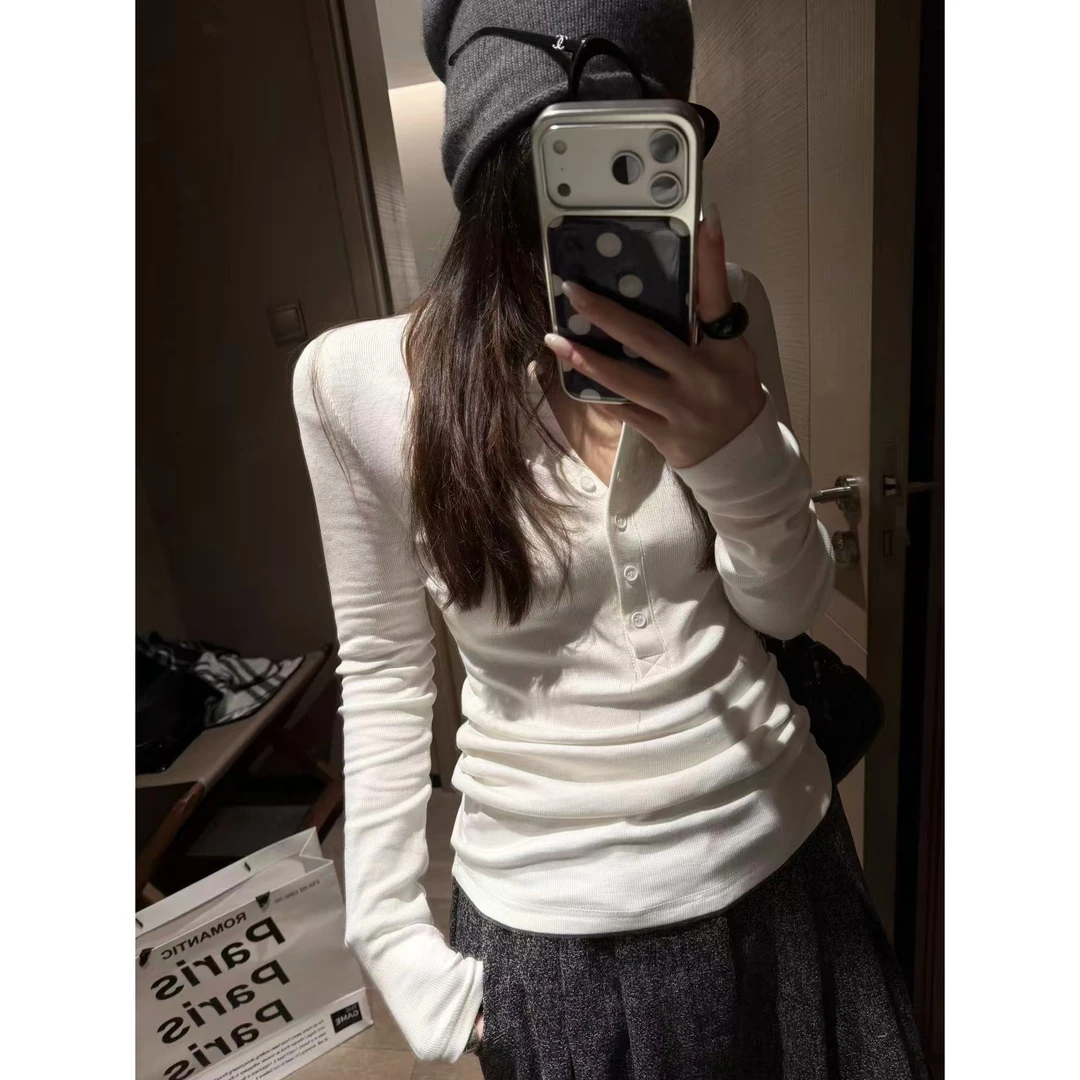 SP 亨利领长袖针织打底衫女纽扣修身显瘦百搭内搭上衣服t