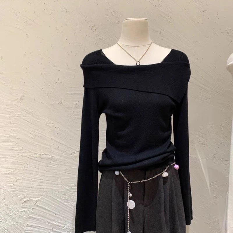 【现货】秋冬季新款法式翻领长袖针织毛衣设计感内搭打底衫气质上衣