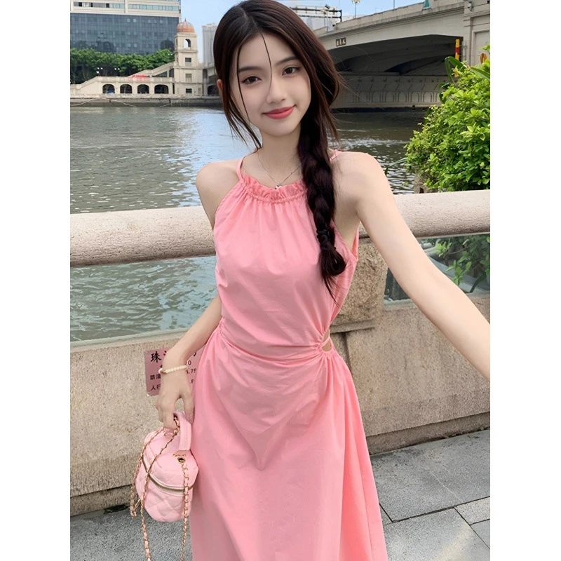 高级感绝美挂脖式无袖纯色字长裙女纯欲性感风收腰绑带单件蓝色