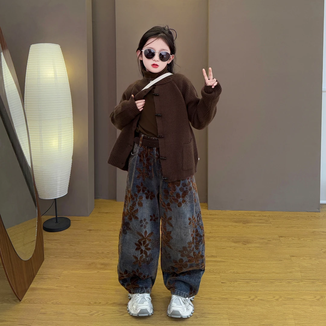 女童2025新款儿童秋冬季韩版潮流时尚穿搭毛衣提花牛仔阔腿裤套装