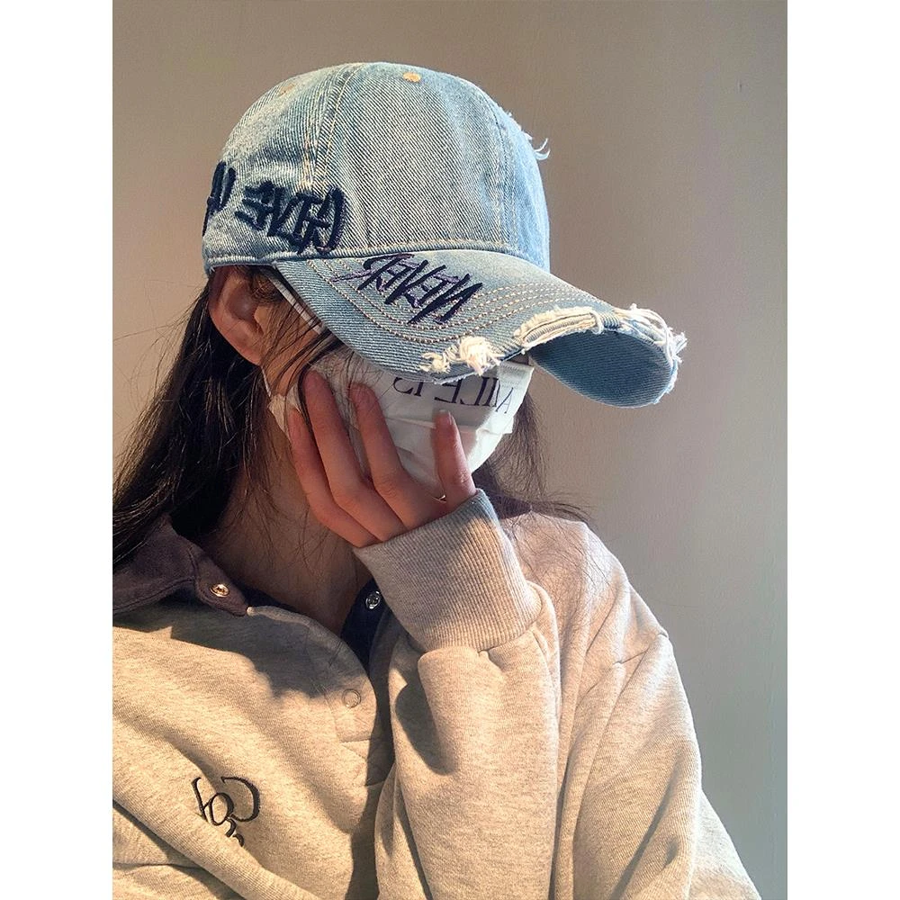 美式水洗做旧破洞牛仔棒球帽女百搭刺绣字母显脸小宽帽檐鸭舌帽子
