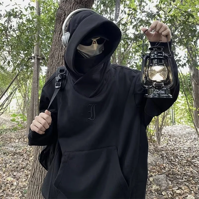 新款高领连帽卫衣男春秋美式潮牌机能风hiphop嘻哈风设计感宽松潮