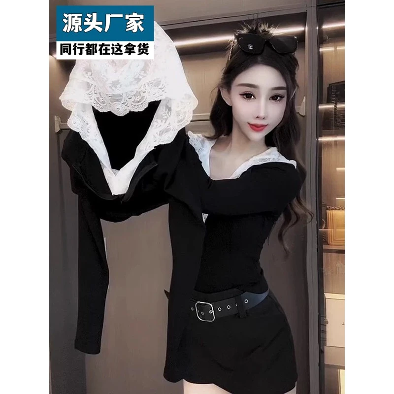 梵乐芬欧货撞色蕾丝拼接连帽长袖T恤女2025春季新款设计感减龄洋