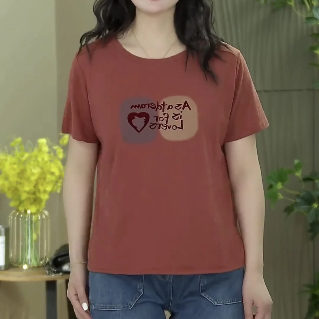 夏季新款洋气印花圆领短袖上衣女H时尚妈妈装休闲减龄宽松显瘦T恤