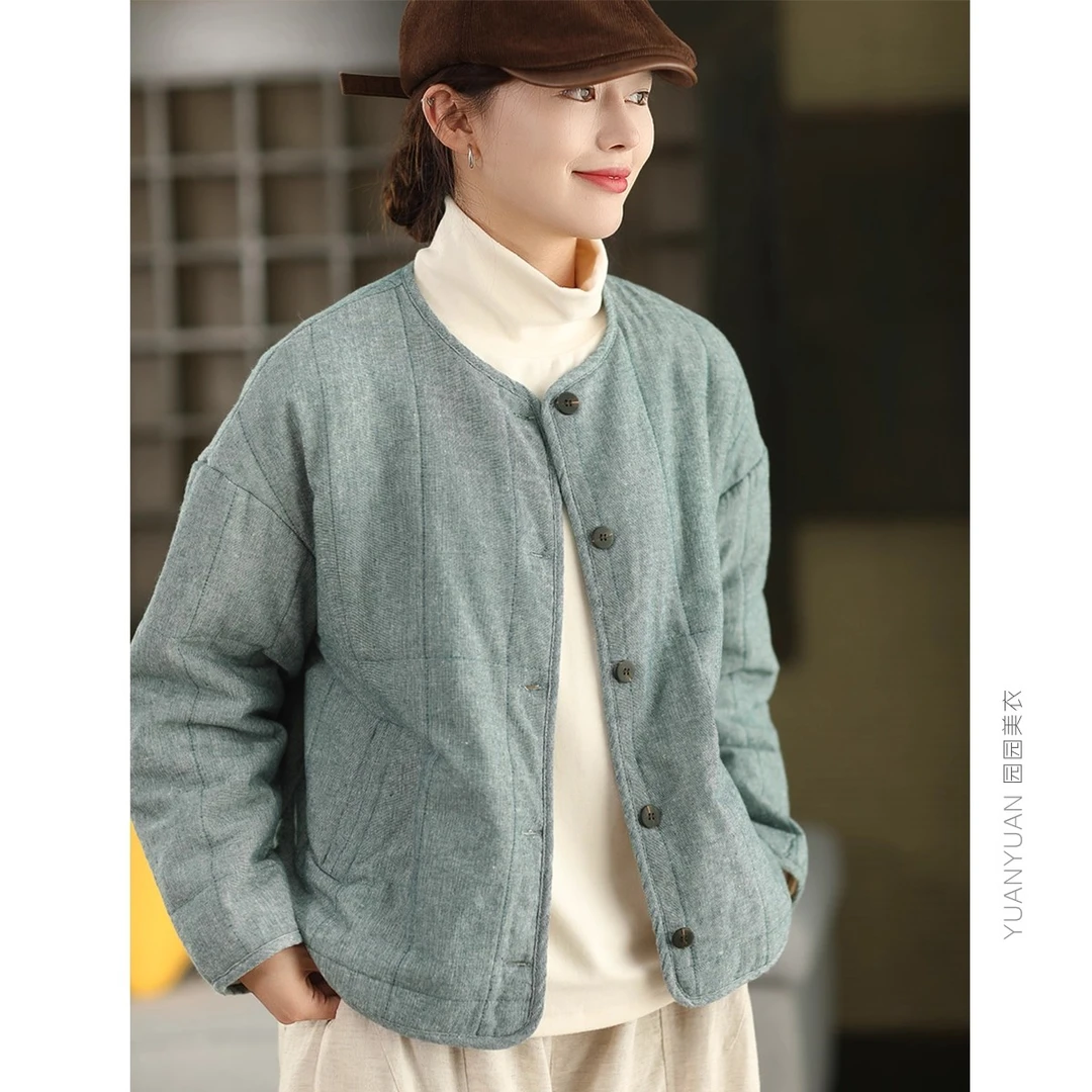 灰蓝色夹棉棉袄女2025冬季文艺内里加厚保暖长袖圆领排扣棉衣外套