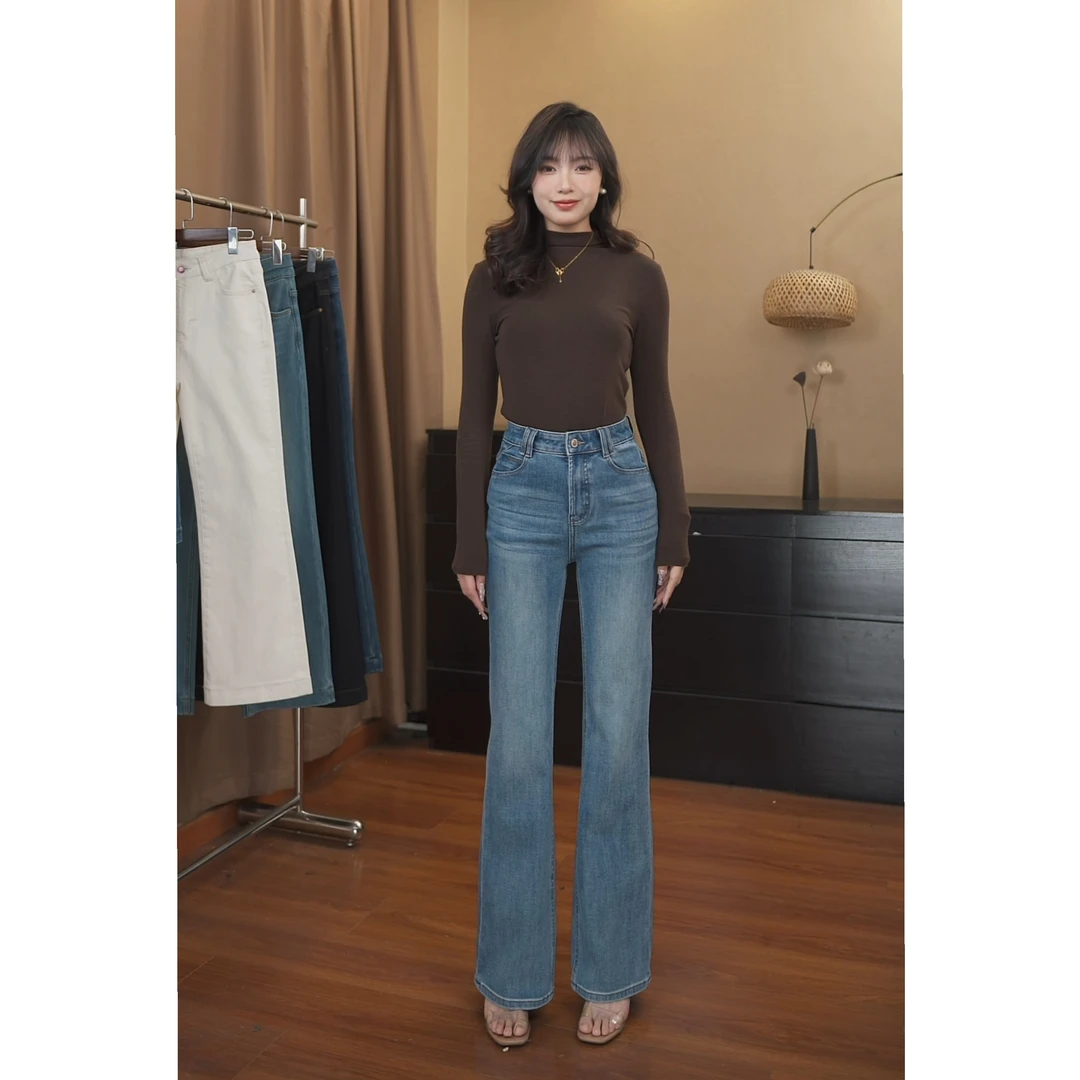 梦幻冰蓝-四面弹 春季新款直筒微喇高腰牛仔裤时尚显瘦