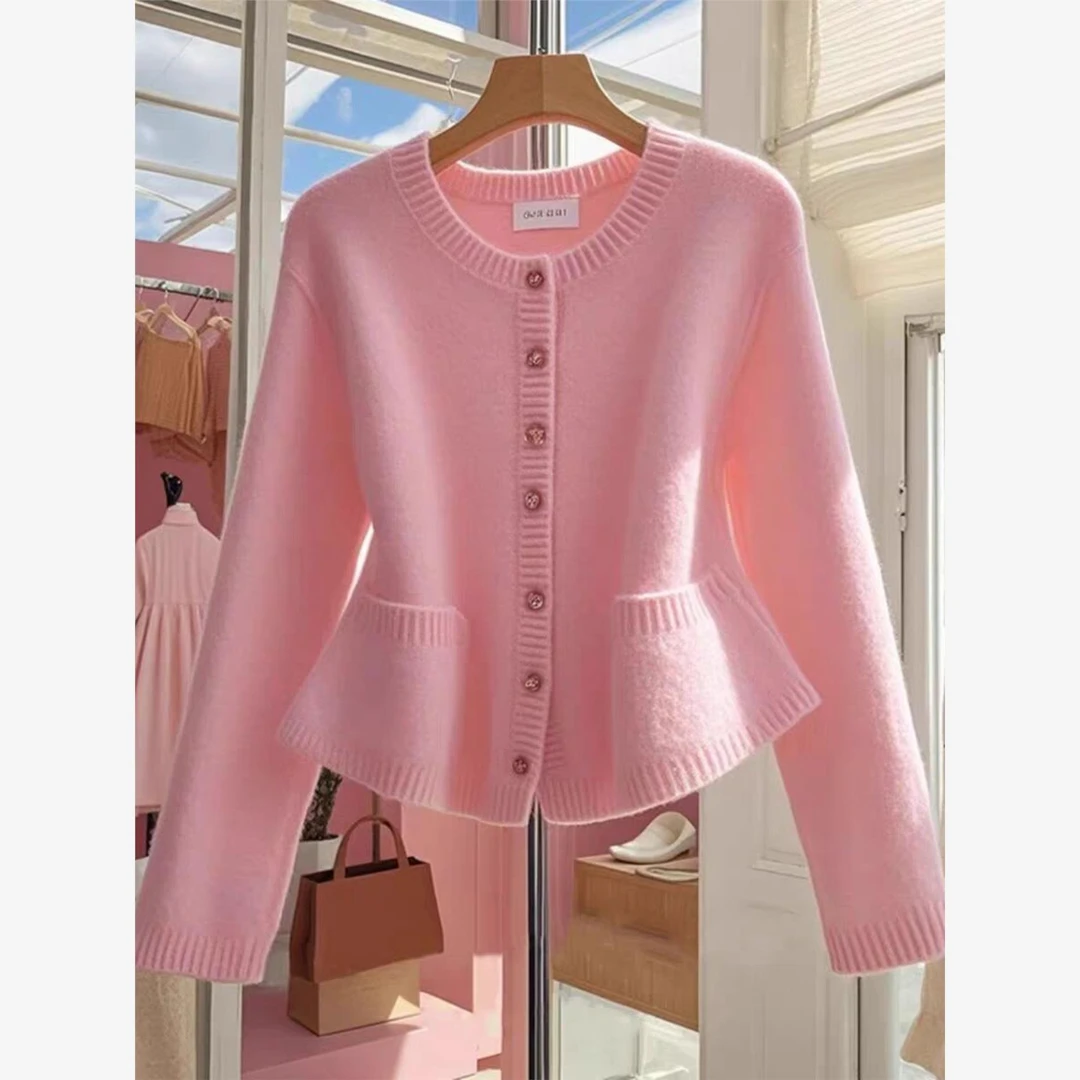 2025秋季小香风粉色圆领时尚针织开衫百搭休闲洋气温柔毛衣外套女