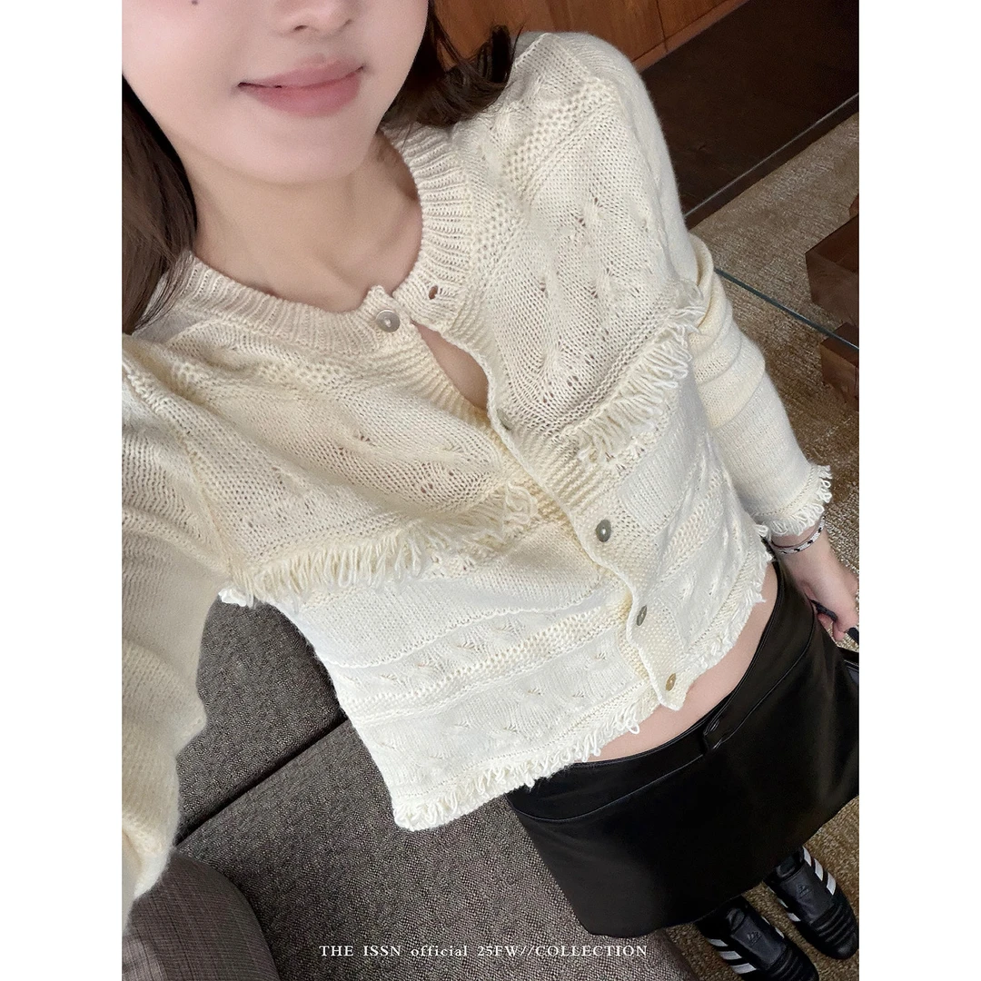 THEISSN宁司 圆领镂空流苏针织衫女春季短款针织开衫 01965