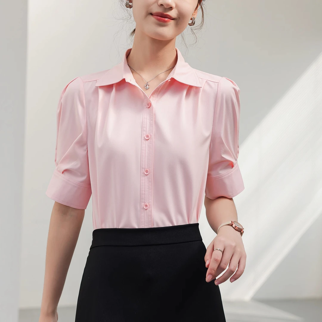 粉色衬衫女短袖套装正装职业装气质通勤商务面试ol教师衬衣女上衣